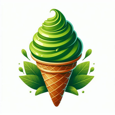 Illustration of green ice cream in waffle cone on white backgroundのイラスト素材