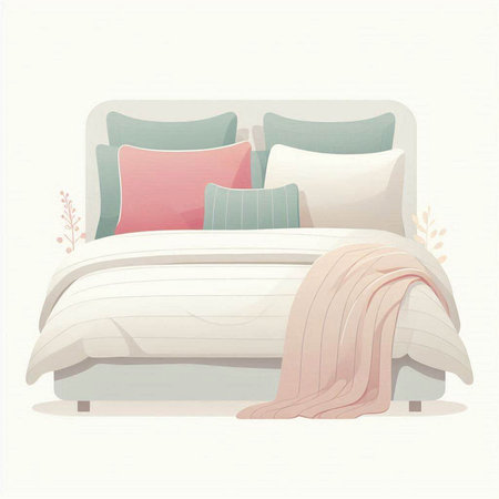 Illustration of a bed with pillows and a blanket in pastel colorsのイラスト素材