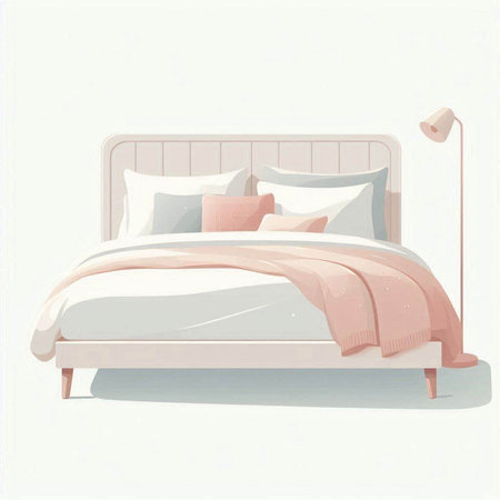 Vector illustration of a double bed with pillows and bedside tableのイラスト素材