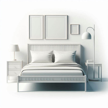 3d render of modern bedroom with white bed and pillows on the wallのイラスト素材