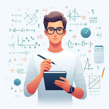 Vector illustration of a young man in glasses with a notebook in his hands.のイラスト素材