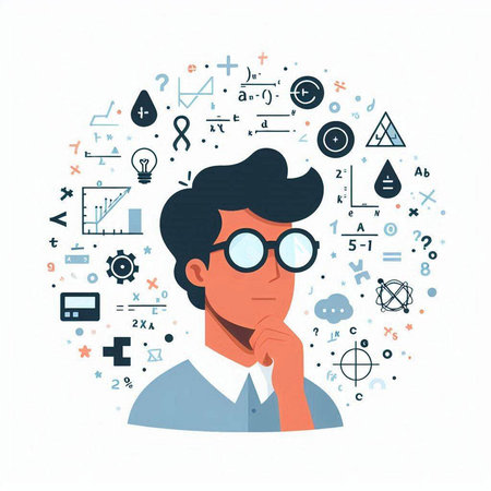 Vector illustration of a man with glasses and icons in the background.のイラスト素材