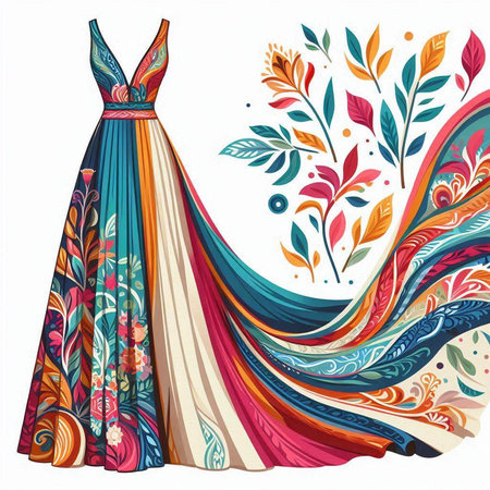 Fashion illustration of a beautiful long dress with a pattern of flowers.のイラスト素材