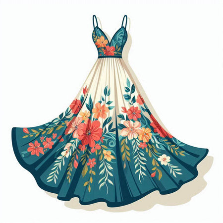 Wedding dress with floral pattern isolated on white. Vector illustration.のイラスト素材