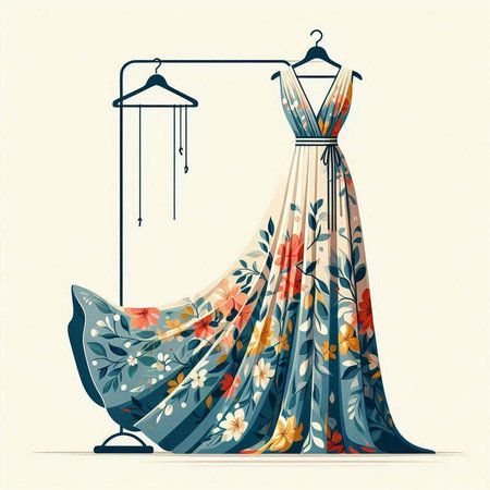 Wedding dress design with floral pattern. Vector illustration in retro style.のイラスト素材