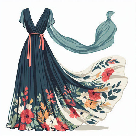 Wedding dress with floral pattern. Vector illustration on white background.のイラスト素材