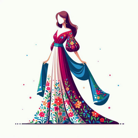 Beautiful young woman in a long evening dress. Vector illustration.のイラスト素材