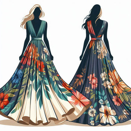 Wedding dress design. Vector illustration of two beautiful women's dresses.のイラスト素材