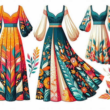 Set of colorful women's dresses with floral ornament. Vector illustration.のイラスト素材