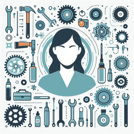 Vector illustration of woman in flat style with tools on white background.のイラスト素材