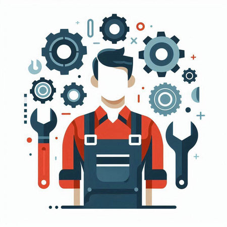 Repairman in overalls with tools. Vector illustration in flat styleのイラスト素材