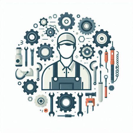 Repairman and tools in the circle. Vector illustration of a man in uniform.のイラスト素材