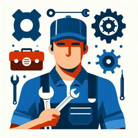 Mechanic in uniform with tools. Vector illustration in flat style.のイラスト素材