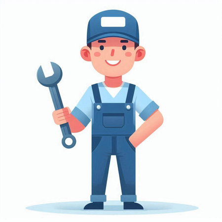 Repairman in uniform holding wrench. Vector illustration in cartoon styleのイラスト素材