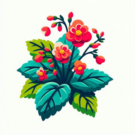 Illustration of a red primrose with green leaves on a white backgroundのイラスト素材
