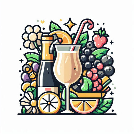 Cocktail with fruits and berries. Vector illustration in doodle styleのイラスト素材