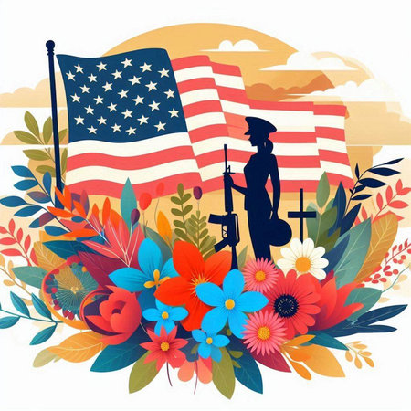 Vector illustration of American Flag with silhouette of a woman soldier and flowersのイラスト素材