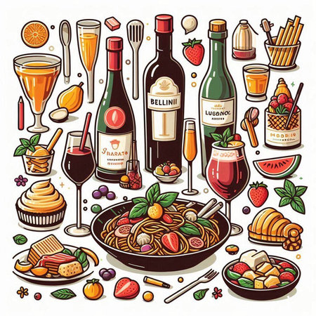 Vector set of Italian food and drink icons in doodle styleのイラスト素材