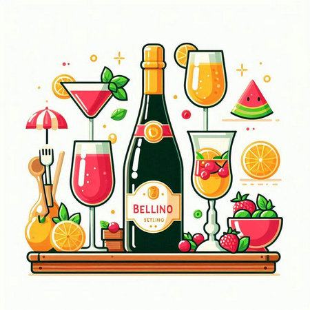 Colorful flat vector illustration of a bottle of champagne and glasses with fruits on a white background.のイラスト素材