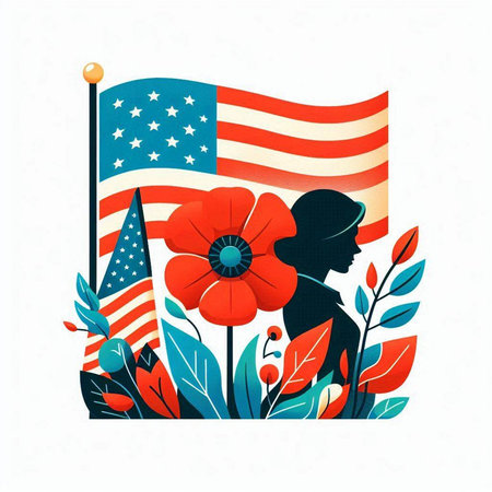 Vector illustration with a silhouette of a girl and an American flag.のイラスト素材