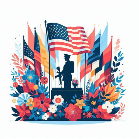 Vector illustration of memorial day with american flag, veterans and flowersのイラスト素材
