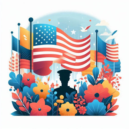 Vector illustration of American flag in the shape of a silhouette of a man and flowersのイラスト素材