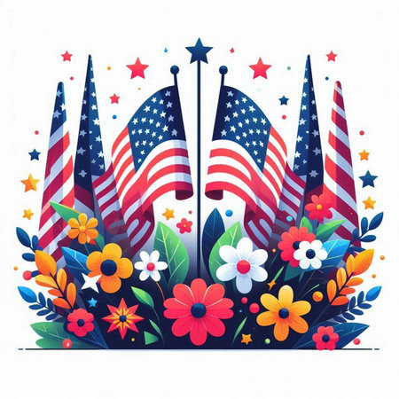 Flag of the United States of America with flowers. Vector illustration.のイラスト素材