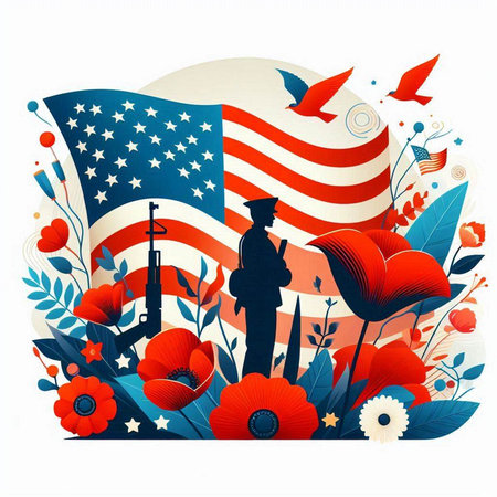 American holiday background with a silhouette of a man in a hat, flowers and flagsのイラスト素材