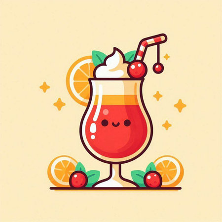 Cocktail with ice cream, cherry, orange and mint. Vector illustration.のイラスト素材