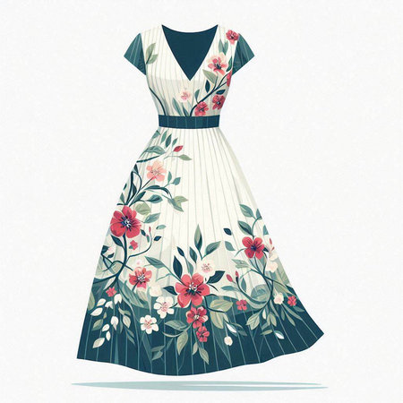 Beautiful vintage floral dress on a mannequin. Vector illustration.のイラスト素材