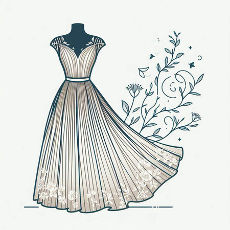 Wedding dress on a mannequin. Hand drawn vector illustration.のイラスト素材