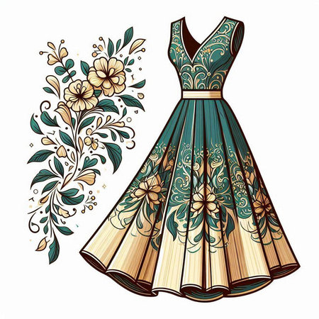 Fashionable women's dress with floral pattern. Vector illustration.のイラスト素材
