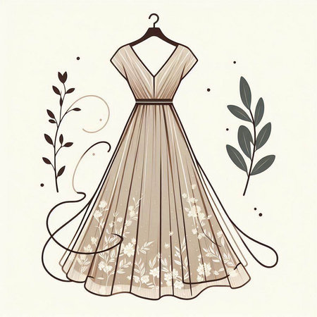Wedding dress on a hanger with floral ornament. Vector illustration.のイラスト素材