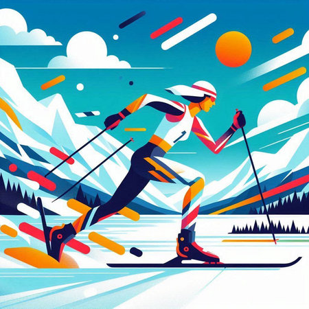 Cross-country skiing. Vector illustration of a skier skiing in the mountains.のイラスト素材