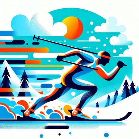 Illustration of a man skiing in the mountains. Vector illustration.のイラスト素材