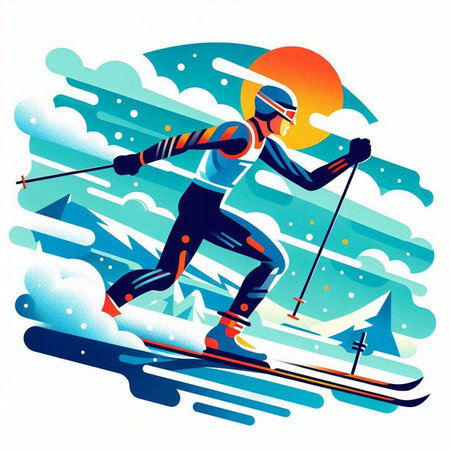Skiing in the mountains. Skier. Vector illustration.のイラスト素材