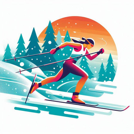 Woman skiing in the mountains. Winter sports, active lifestyle. Vector illustration.のイラスト素材
