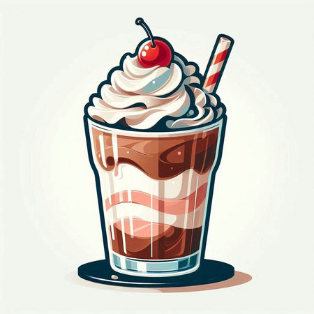 Vector illustration of chocolate milkshake with whipped cream and cherry.のイラスト素材
