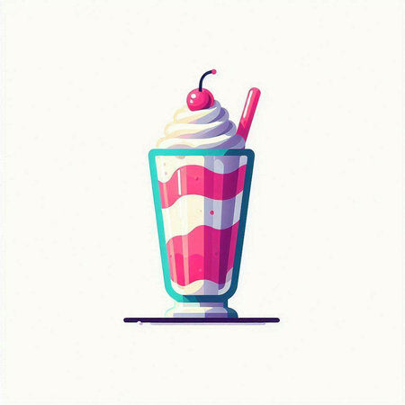 Milkshake with whipped cream and cherry in a glass. Vector illustration.のイラスト素材