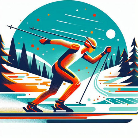 Man skiing in the mountains. Winter sports. Retro style illustration.のイラスト素材