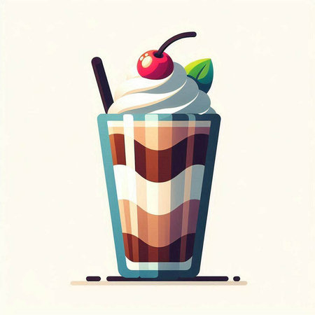 Milkshake with whipped cream and cherry in a glass. Vector illustration.のイラスト素材