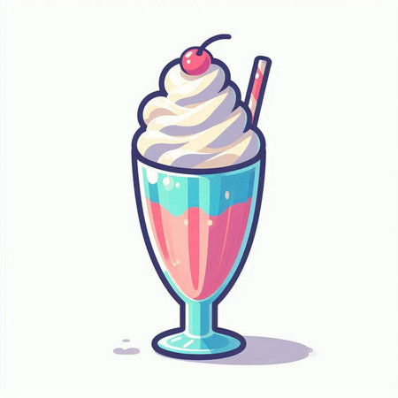 Vector illustration of milkshake with whipped cream and cherry in a glass.のイラスト素材