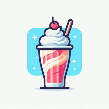 Milkshake with whipped cream and cherries. Vector illustration.のイラスト素材