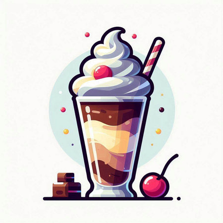 Vector illustration of milkshake with whipped cream, cherry and chocolateのイラスト素材