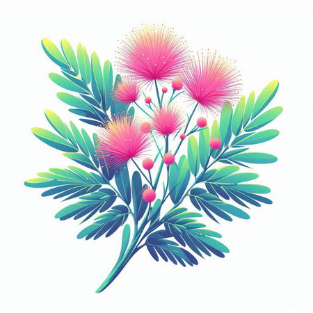 Illustration of Mimosa flowers with green leaves on white background.のイラスト素材