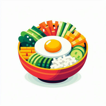 Illustration of a bowl of rice with fried egg and vegetables.のイラスト素材