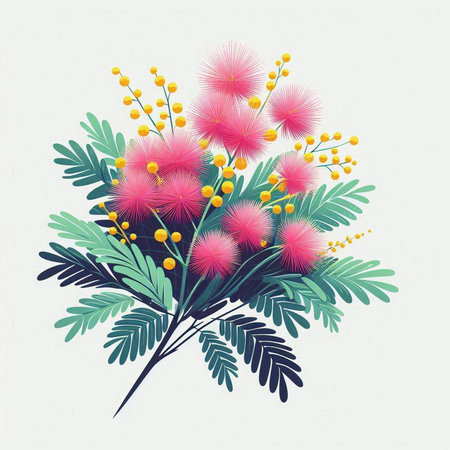 Bouquet of mimosa flowers with leaves. Vector illustration.のイラスト素材