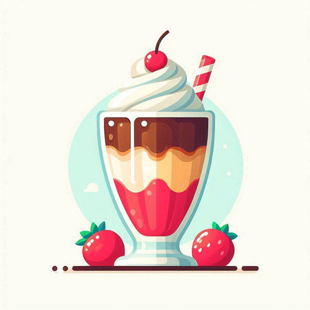 Strawberry milkshake with whipped cream and cherry. Vector illustration.のイラスト素材