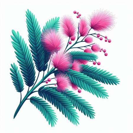 Mimosa branch with pink flowers isolated on white background. Vector illustration.のイラスト素材