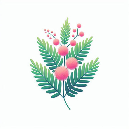 Mimosa branch with flowers isolated on white background. Vector illustration.のイラスト素材